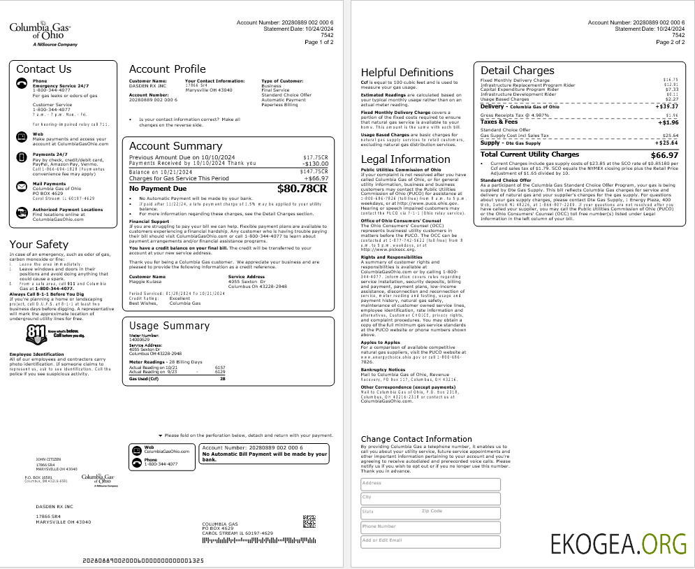 USA COLUMBIA GAS OF OHIO facture de services publics modèle Word et PDF template